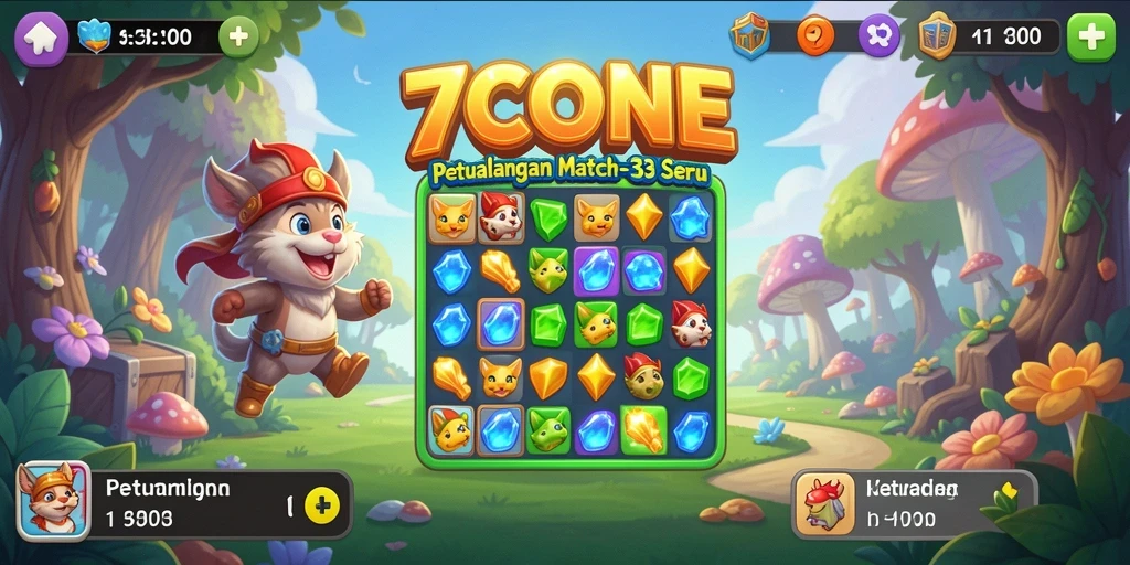 Tangkapan layar 7CONE menunjukkan gameplay Match-3 yang seru dan penuh warna.