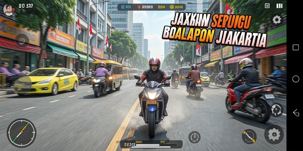 Screenshot gameplay JAKARTAWIN menampilkan balapan motor yang mendebarkan.