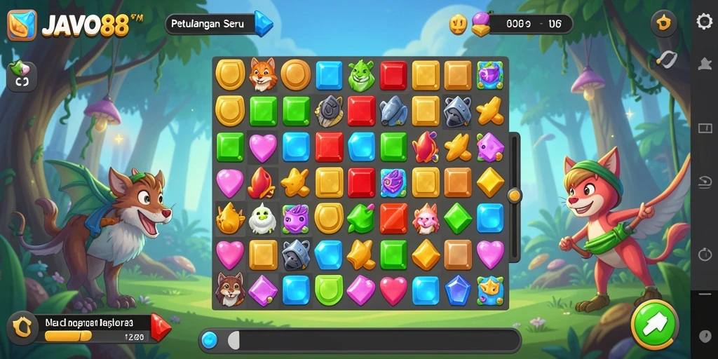 Tampilan seru gameplay JAVO88 dengan kombinasi warna match-3.