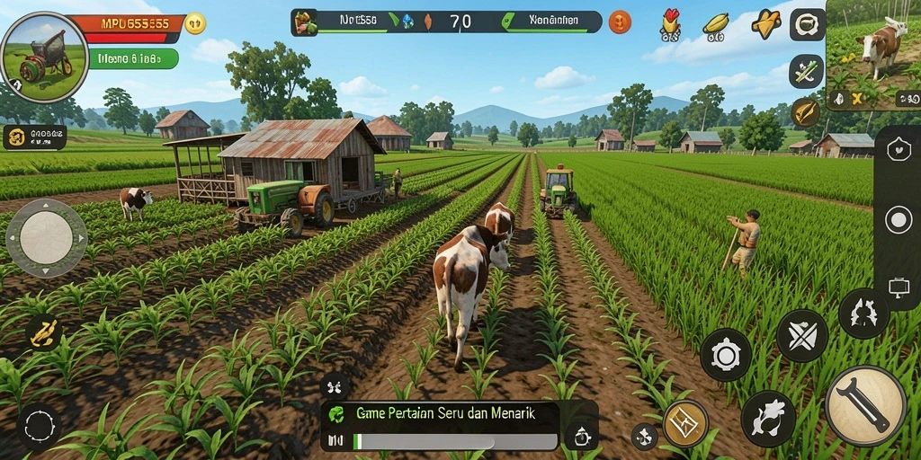 Screenshot MPO555 menunjukkan pemain yang sedang bertani dengan grafik yang indah.