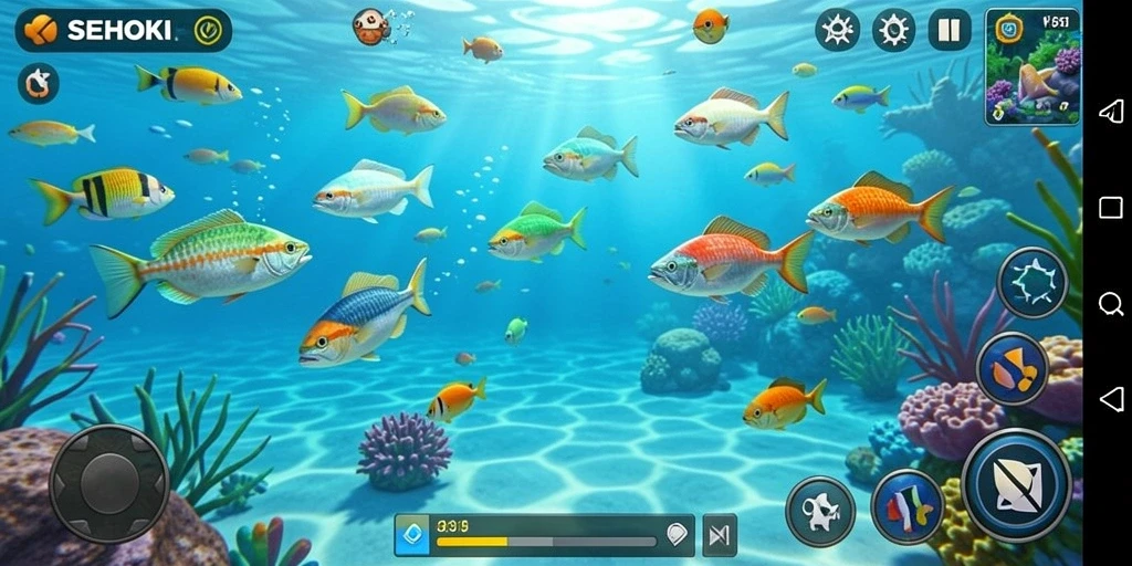 Tampilan gameplay SEHOKI yang menampilkan aksi tembak ikan.