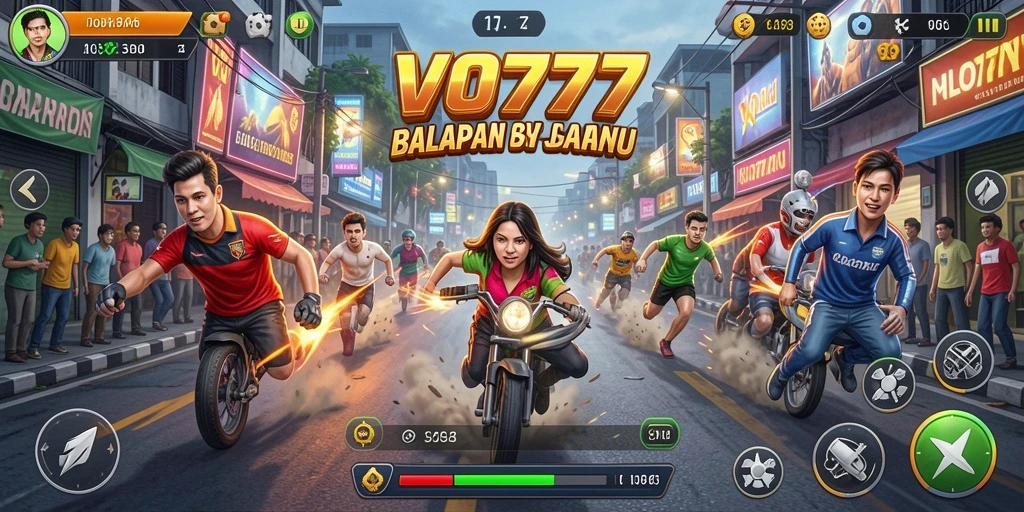 Screenshot menampilkan aksi balapan seru dengan mobil kencang di lintasan.
